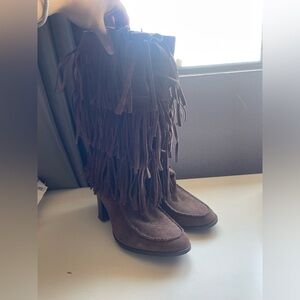 Ralph Lauren Brown Suede Leather Fringe Heel Boots